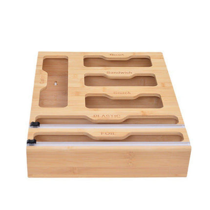 Bamboo Kitchen Storage Box for Plastic Wrap Tin Foil Paper Cutter with Lid.
