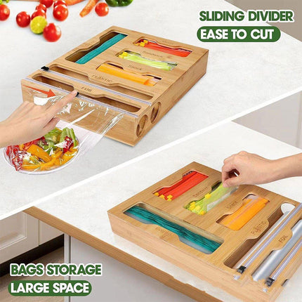 Bamboo Kitchen Storage Box for Plastic Wrap Tin Foil Paper Cutter with Lid.