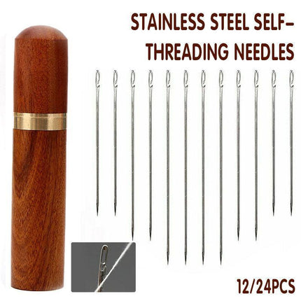 Stainless Steel Self-Threading Needles Opening Sewing Darning Needles 12/24 Pcs - 12PCS.