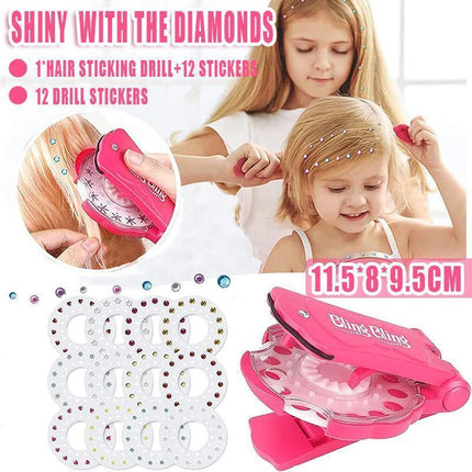 Diamond Hair Sparkle Stapler Machine Tools Kit Gems for Shirt Decor Girls - 1 hair sticking drill +12 sticking drills.