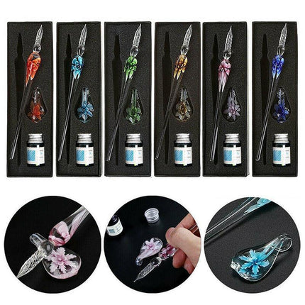 Crystal Flower Glass Dipping Dip Pen Writing Set Gift Pack Fountain Calligraphy - Blue.