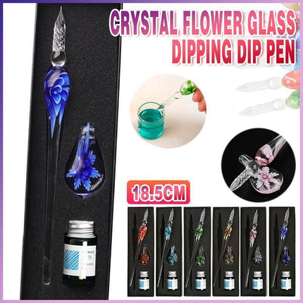Crystal Flower Glass Dipping Dip Pen Writing Set Gift Pack Fountain Calligraphy - Sky Blue.
