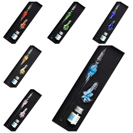 Crystal Flower Glass Dipping Dip Pen Writing Set Gift Pack Fountain Calligraphy - Sky Blue.