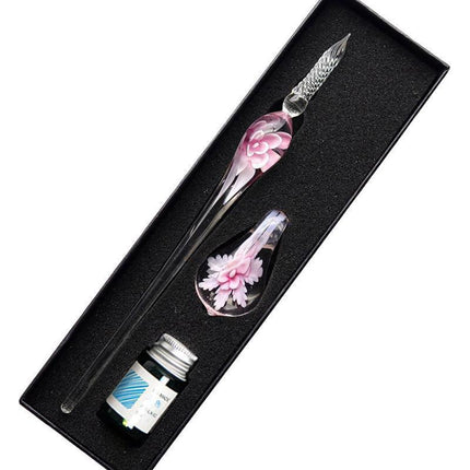 Crystal Flower Glass Dipping Dip Pen Writing Set Gift Pack Fountain Calligraphy - Sky Blue.