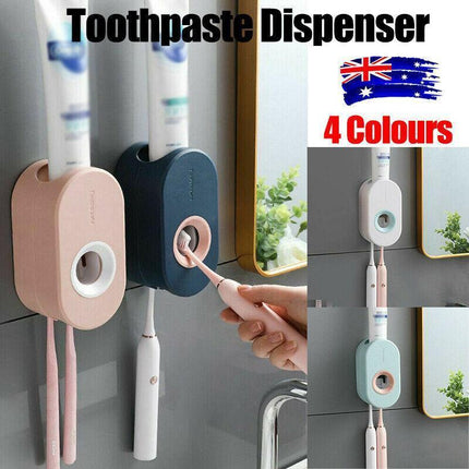 Automatic Toothpaste Dispenser Bathroom Wall-Mounted Rack Toothbrush Holder - Pink.