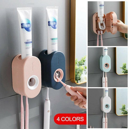 Automatic Toothpaste Dispenser Bathroom Wall-Mounted Rack Toothbrush Holder - Pink.