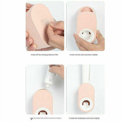 Automatic Toothpaste Dispenser Bathroom Wall-Mounted Rack Toothbrush Holder - Pink.