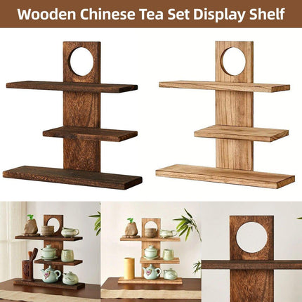 Wooden Desktop Tea Set Rack Display Stand Organizer Storage Shelf for Teaware - Brown.