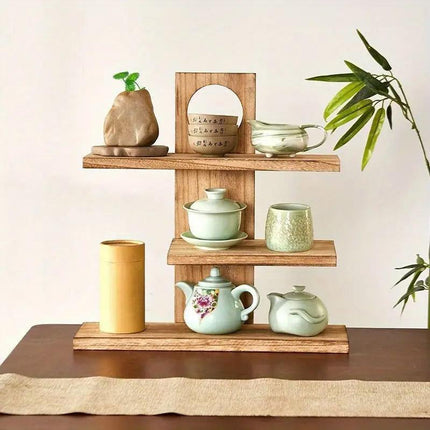 Wooden Desktop Tea Set Rack Display Stand Organizer Storage Shelf for Teaware - Brown.