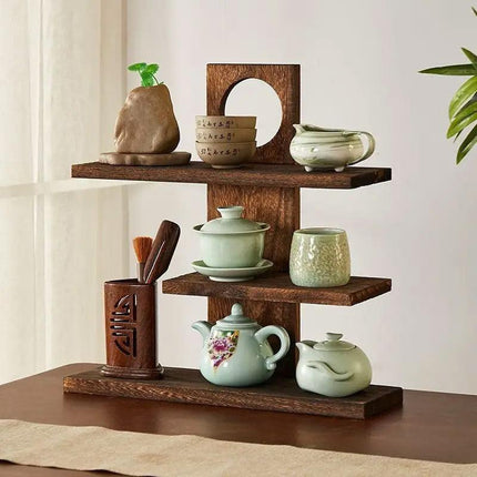 Wooden Desktop Tea Set Rack Display Stand Organizer Storage Shelf for Teaware - Brown.