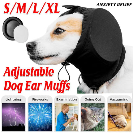 Black Adjustable Dog Ear Muffs Noise Reducing Pet Headwrap Protective Ear Cover - L.