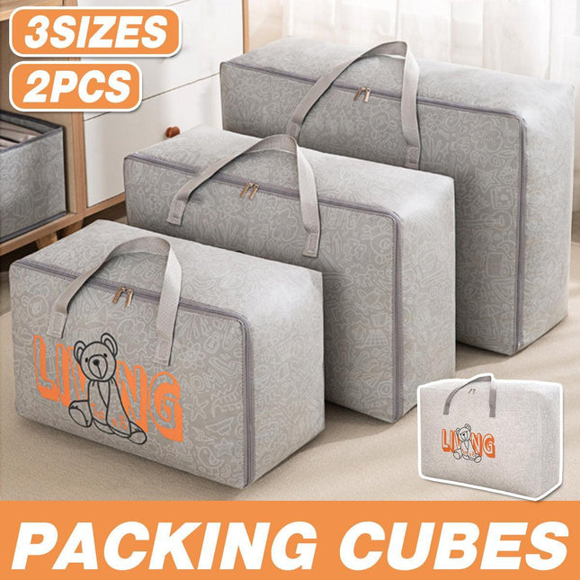 2pcs Cartoon Bear Luggage Organizer Storage Bags Blanket Quilt Closet Box Set - White-M.