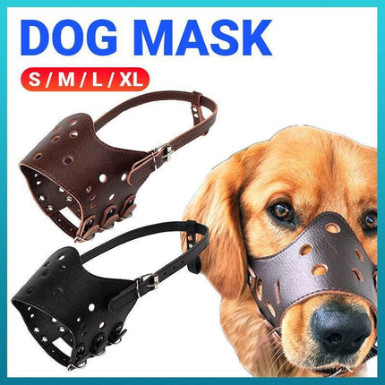 Adjustable Leather Pet Dog Mask Mouth Muzzle Anti Barking Bite Stop Chewing Brown - L.
