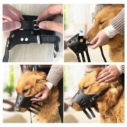Adjustable Leather Pet Dog Mask Mouth Muzzle Anti Barking Bite Stop Chewing Brown - L.