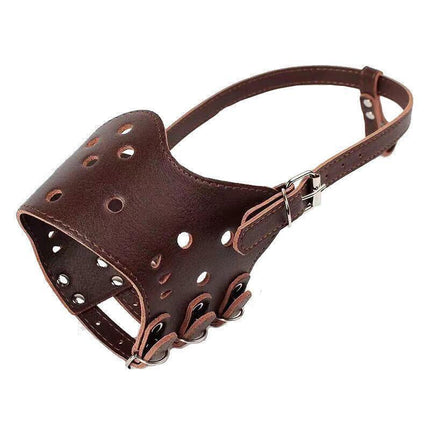 Adjustable Leather Pet Dog Mask Mouth Muzzle Anti Barking Bite Stop Chewing Brown - L.