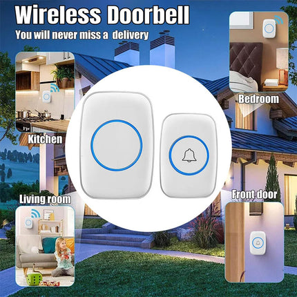 Wireless Doorbell Kit Home Call Button Remote Control White Waterproof Chime.