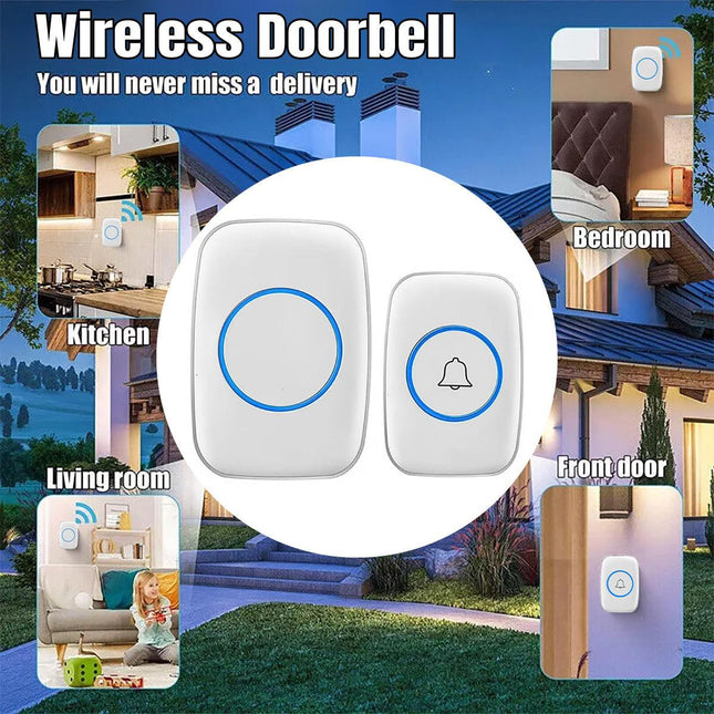 Wireless Doorbell Kit Home Call Button Remote Control White Waterproof Chime.