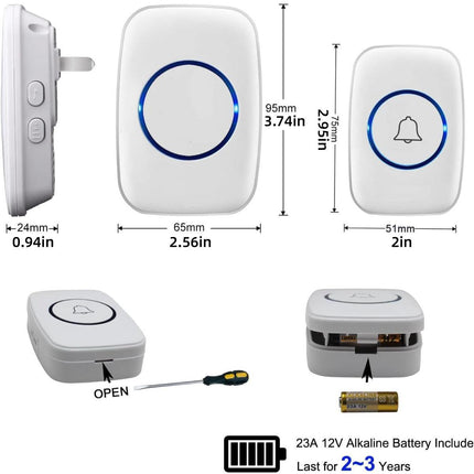 Wireless Doorbell Kit Home Call Button Remote Control White Waterproof Chime.