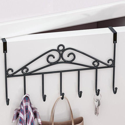7-Hooks For Bedroom Over The Door Hanger Clothes Storage Towel Iron Hanging Rack - Black.