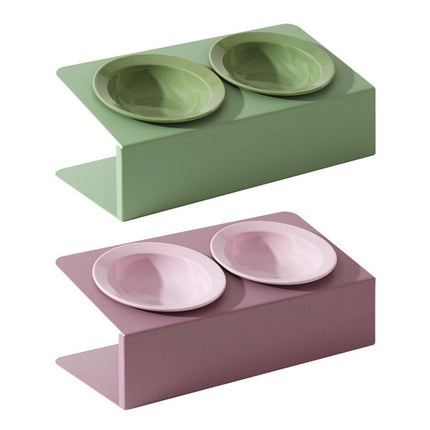 Ceramic Slanted Double Pet Bowl Cat Dog Food Water Bowl Non-Slip Feeding Dish - Green.