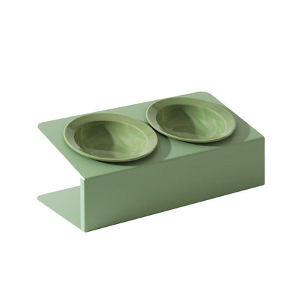 Ceramic Slanted Double Pet Bowl Cat Dog Food Water Bowl Non-Slip Feeding Dish - Green.