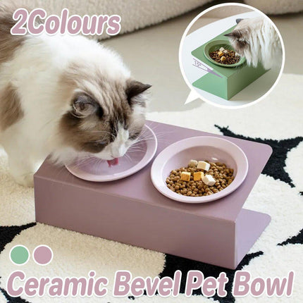 Ceramic Slanted Double Pet Bowl Cat Dog Food Water Bowl Non-Slip Feeding Dish - Purple.
