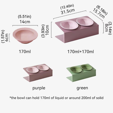 Ceramic Slanted Double Pet Bowl Cat Dog Food Water Bowl Non-Slip Feeding Dish - Purple.