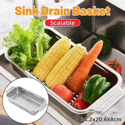 304 Stainless Steel Retractable Sink Drain Basket Kitchen Storage Rack Adjustable.