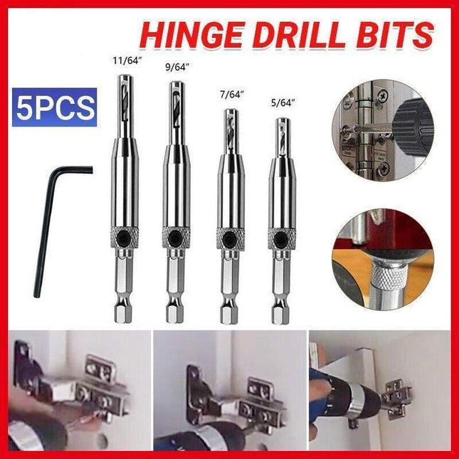 4X Self-Centering Drill Bits Hex Shank Pilot Door Drawer Hinge Hole Screw Guide.