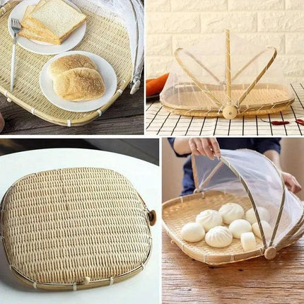 Bamboo Baskets Tray Anti Bug Food Fruit Storage Container with Mesh Cover.