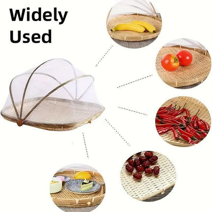 Bamboo Baskets Tray Anti Bug Food Fruit Storage Container with Mesh Cover.
