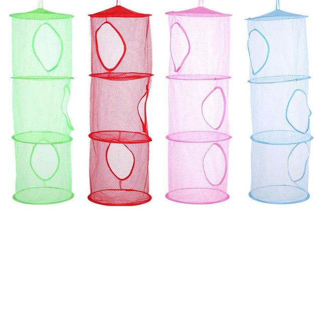 Foldable Clothes Drying Basket Three-layer Hanging Storage Breathable Organizer - Red.
