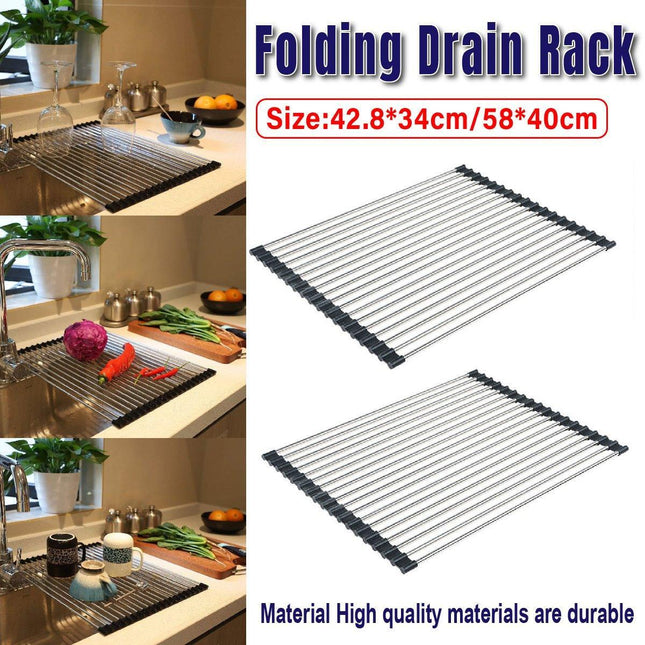 Multifunctional Stainless Steel Draining Rack Folding Sink Organizer for Kitchen - 580 x 400mm.