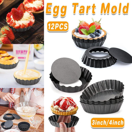 12PCS Mini Detachable Tart Mold Baking Cake Pan Nonstick Bottom Cupcake Molds - 4inch.