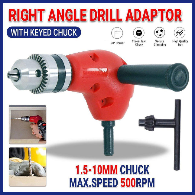 90-Degree Right Angle Drill Attachment 1/4inch Drive Adapter with Chuck Key Tools.