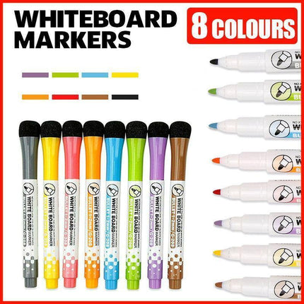 8 Colours Dry Erase Whiteboard Markers Set with Built-in Eraser Tips.