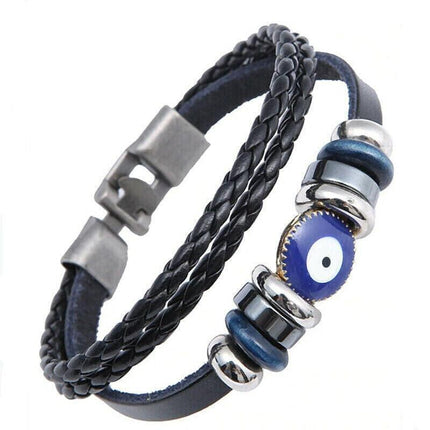 Evil Eye Greek Mati Turkish Nazar Weaved Leather Bracelet Cuff Jewelry.