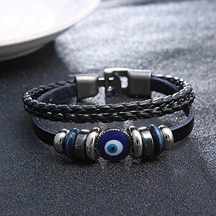 Evil Eye Greek Mati Turkish Nazar Weaved Leather Bracelet Cuff Jewelry.