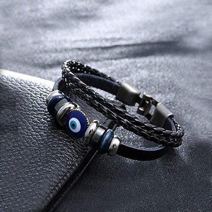 Evil Eye Greek Mati Turkish Nazar Weaved Leather Bracelet Cuff Jewelry.