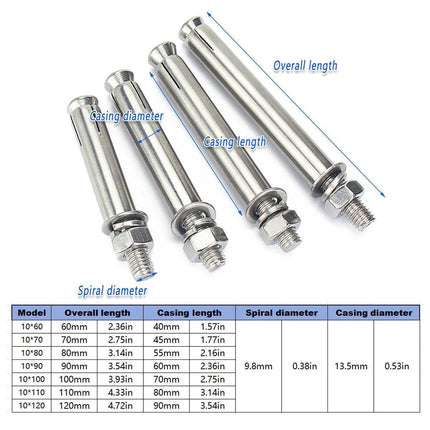 M10 Stainless Steel Hex Head Expansion Anchor Bolts Heavy Duty Screws - M10*100.