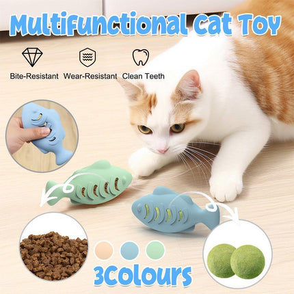 Interactive Cat Toys Fish Leaky Food Dispenser Fun Pet Play Chew Toy Durable - Blue.