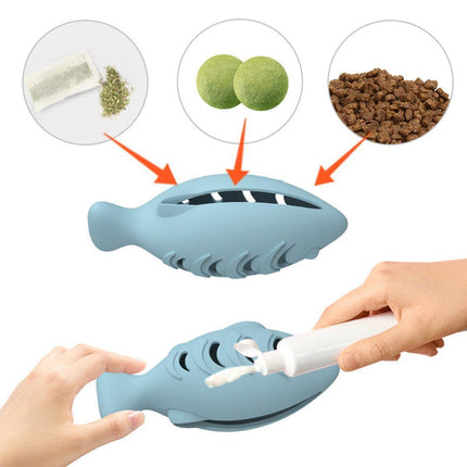 Interactive Cat Toys Fish Leaky Food Dispenser Fun Pet Play Chew Toy Durable - Blue.