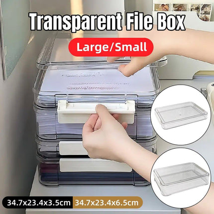 Large Capacity A4 File Storage Box Transparent Plastic Document Organizer Case - Small.