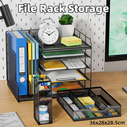 Multi Layer Desktop File Rack Storage Organizer Black Plastic for Office Home.