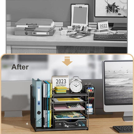 Multi Layer Desktop File Rack Storage Organizer Black Plastic for Office Home.
