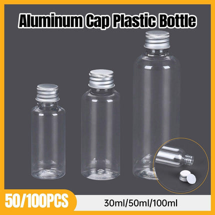 50/100pcs Clear Plastic Bottles with Aluminum Caps Liquid Dispenser Containers - 50ml-100pcs.