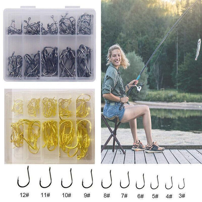 Fishing Hooks Octopus Style 100pcs Chemically Sharpened Assorted Sizes 3-12 - Black.