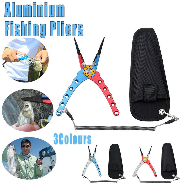Aluminium Fishing Pliers Hook Remover Line Cutter Braid Mono Split Ring Fish Grip - Red+Silver.