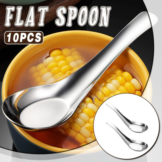 10pcs Stainless Steel Flat Bottom Spoon Household Kitchen Dining Soup Spoon Set.
