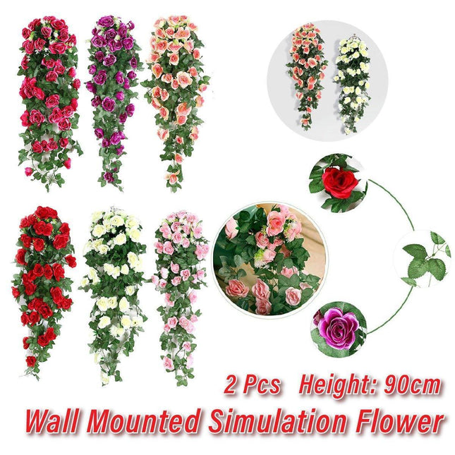 2PCS Artificial Rose Flower Garland Hanging Vine Home Wall Decor Fake Rattan - Red.